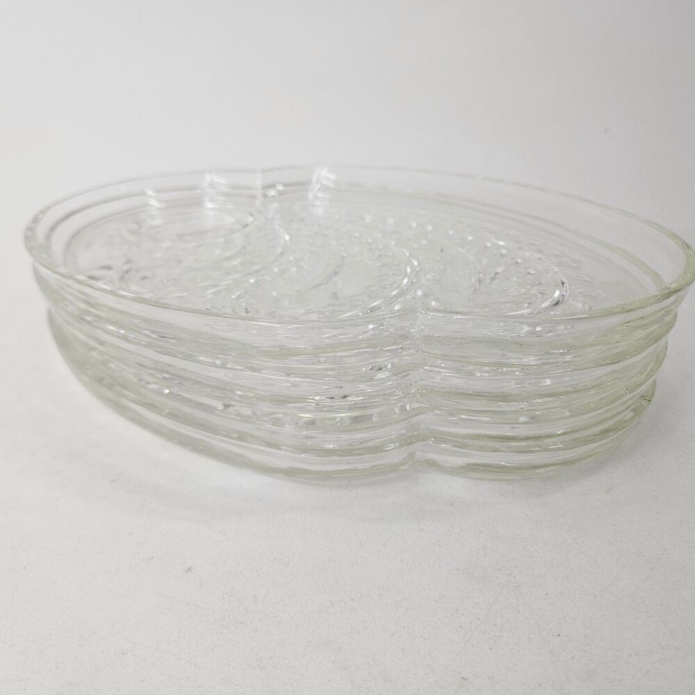 Vintage Clear Glass Divided Relish Dishes Set of 4 Oval Platters Leaf Pattern